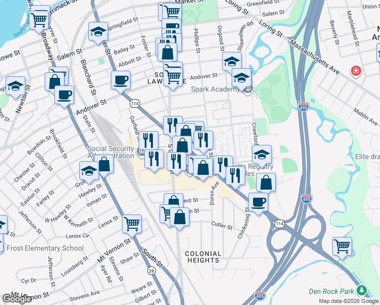 map of restaurants, bars, coffee shops, grocery stores, and more near 90 Winthrop Avenue in Lawrence