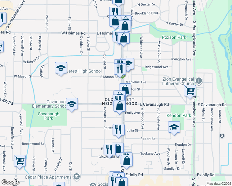 map of restaurants, bars, coffee shops, grocery stores, and more near 406 Fenton Street in Lansing