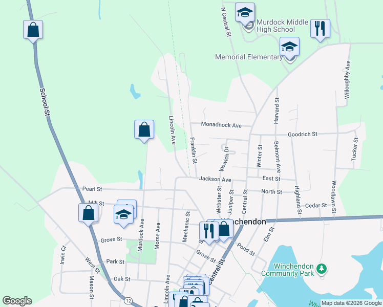 map of restaurants, bars, coffee shops, grocery stores, and more near 50 Franklin Street in Winchendon