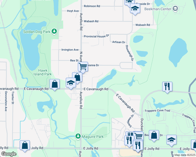 map of restaurants, bars, coffee shops, grocery stores, and more near 4041 Chickory Lane in Lansing