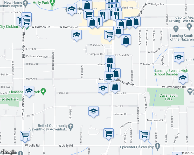 map of restaurants, bars, coffee shops, grocery stores, and more near 1302 Mary Avenue in Lansing