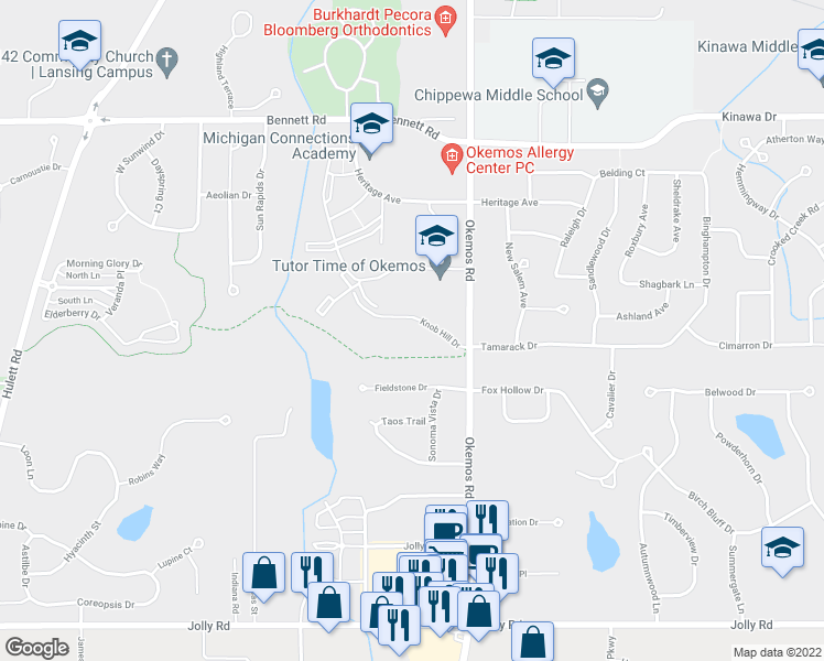 map of restaurants, bars, coffee shops, grocery stores, and more near 2300 Knob Hill Drive in Meridian charter Township