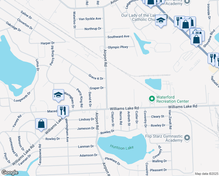 map of restaurants, bars, coffee shops, grocery stores, and more near 6008 Graper Drive in Waterford Township