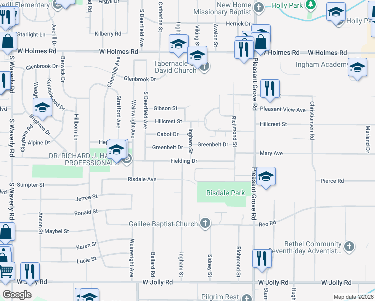 map of restaurants, bars, coffee shops, grocery stores, and more near 4110 Ingham Street in Lansing