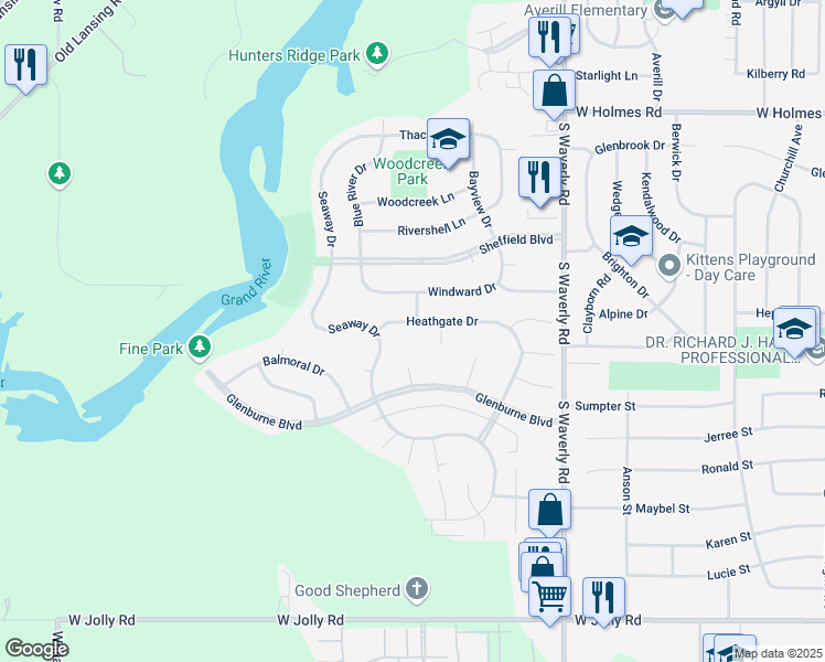 map of restaurants, bars, coffee shops, grocery stores, and more near 4123 Heathgate Drive in Lansing