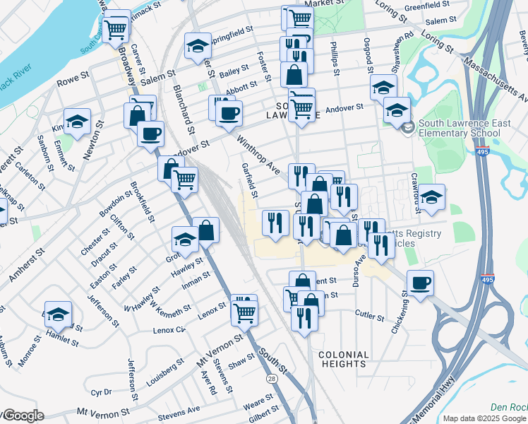 map of restaurants, bars, coffee shops, grocery stores, and more near 22 Falmouth Street in Lawrence