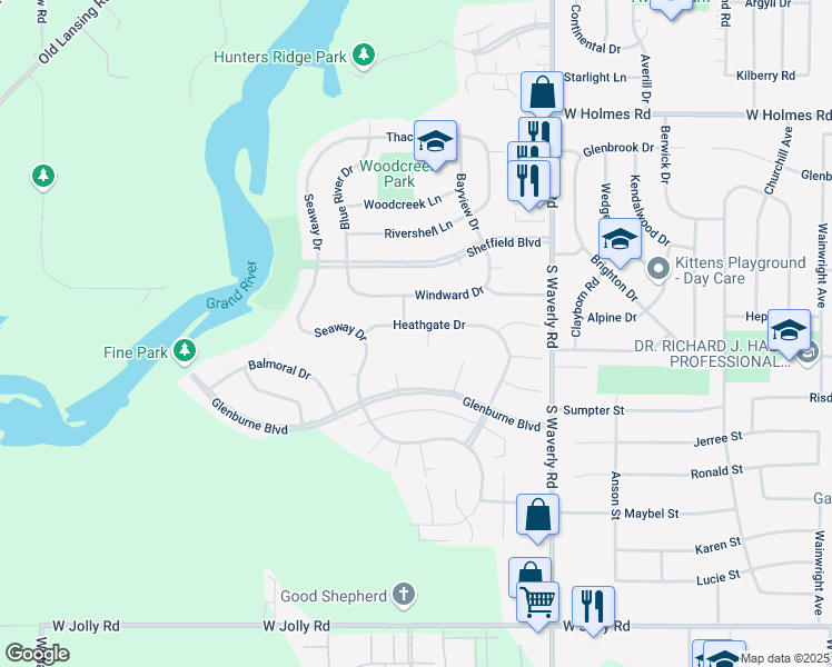 map of restaurants, bars, coffee shops, grocery stores, and more near 4123 Heathgate Drive in Lansing