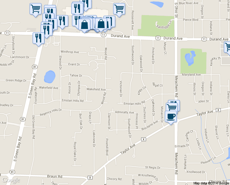 map of restaurants, bars, coffee shops, grocery stores, and more near 5409 Wakefield Ave in Racine