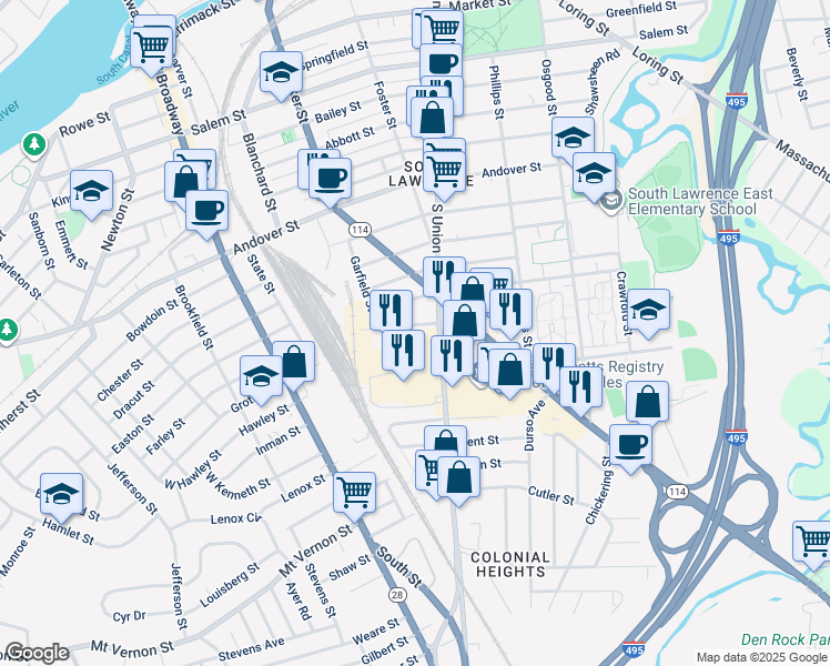 map of restaurants, bars, coffee shops, grocery stores, and more near 8a Falmouth Street in Lawrence