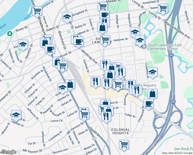 map of restaurants, bars, coffee shops, grocery stores, and more near 8a Falmouth Street in Lawrence