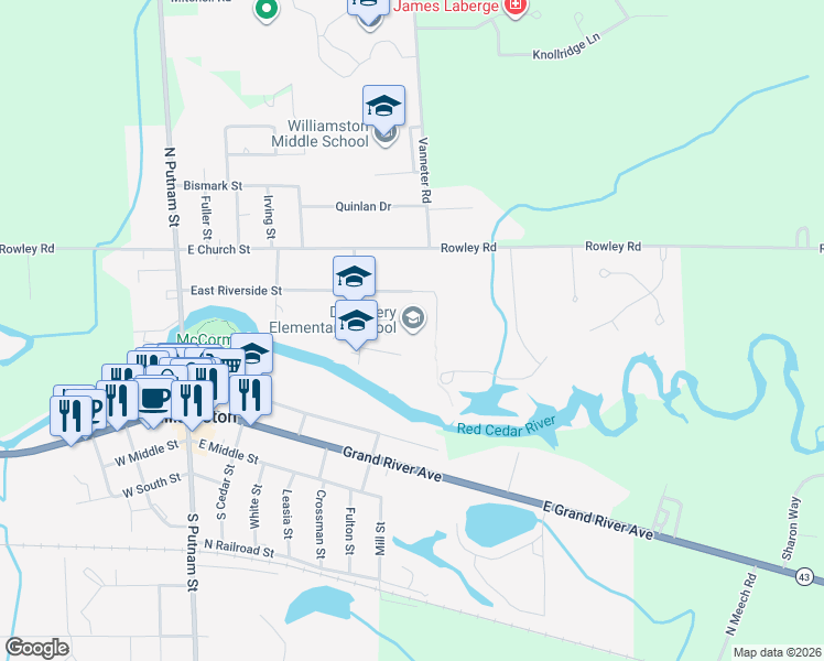 map of restaurants, bars, coffee shops, grocery stores, and more near 350 Highland Street in Williamston