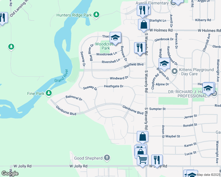 map of restaurants, bars, coffee shops, grocery stores, and more near 4123 Heathgate Drive in Lansing