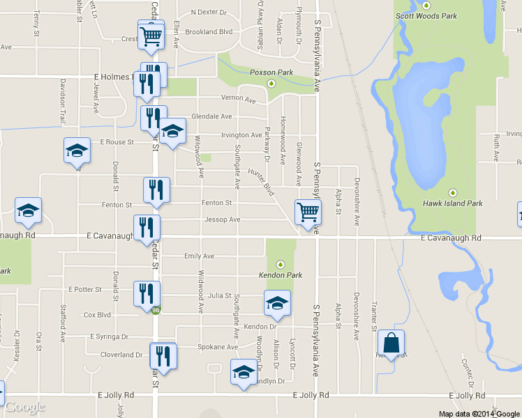 map of restaurants, bars, coffee shops, grocery stores, and more near 732 Fenton Street in Lansing