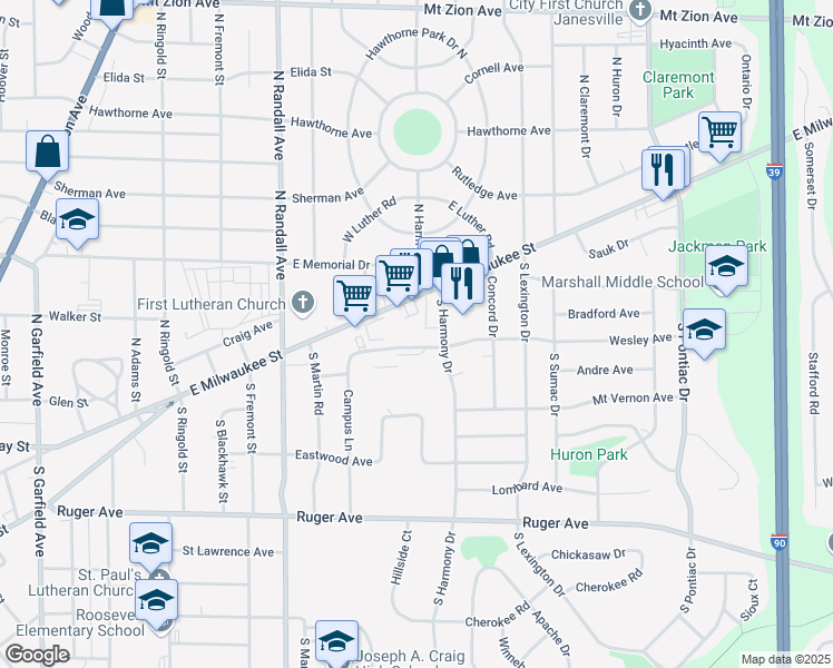 map of restaurants, bars, coffee shops, grocery stores, and more near 2001 Wesley Avenue in Janesville