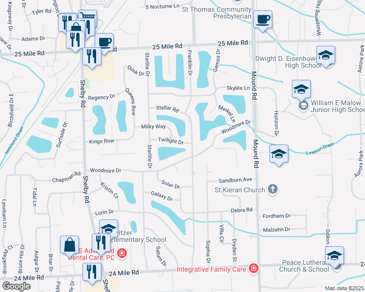 map of restaurants, bars, coffee shops, grocery stores, and more near 5168 Twilight Drive in Macomb County