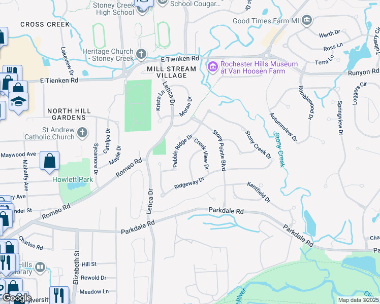 map of restaurants, bars, coffee shops, grocery stores, and more near 1257 Pebble Pointe Dr in Rochester