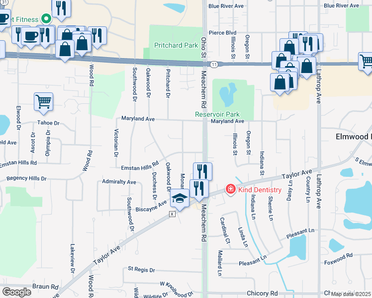 map of restaurants, bars, coffee shops, grocery stores, and more near 3421 Monarch Drive in Racine