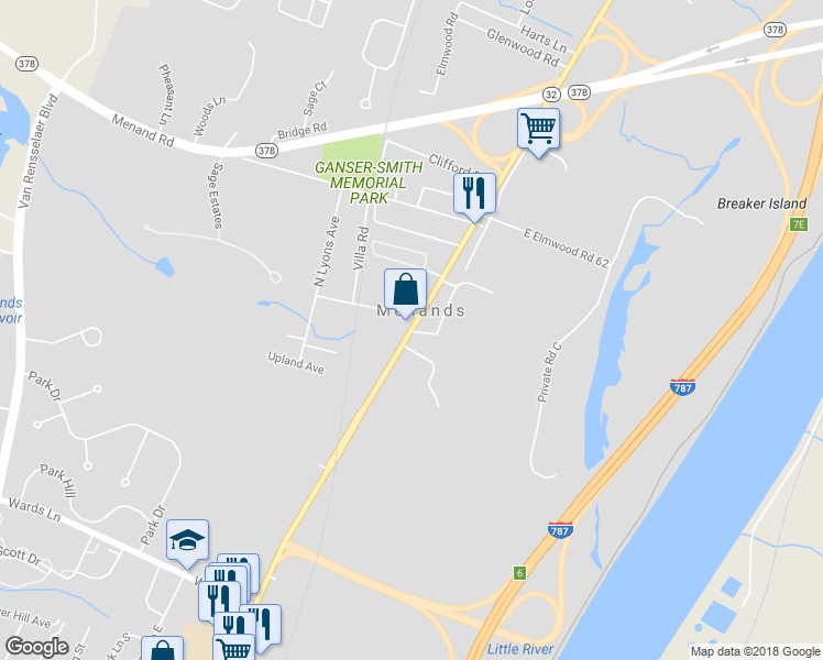 map of restaurants, bars, coffee shops, grocery stores, and more near Broadway & Irving Pl in Albany