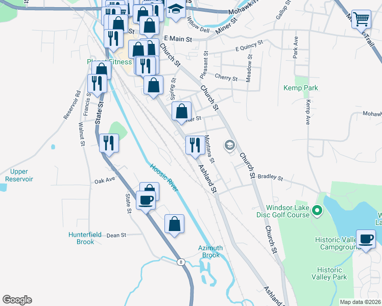 map of restaurants, bars, coffee shops, grocery stores, and more near 293 Ashland Street in North Adams