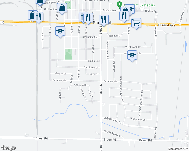 map of restaurants, bars, coffee shops, grocery stores, and more near 9027 Boys Drive in Sturtevant