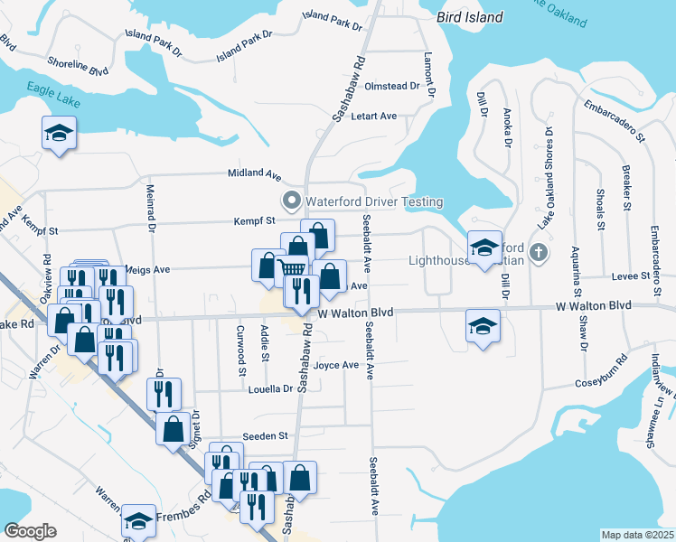 map of restaurants, bars, coffee shops, grocery stores, and more near 4171 Meigs Avenue in Waterford Township