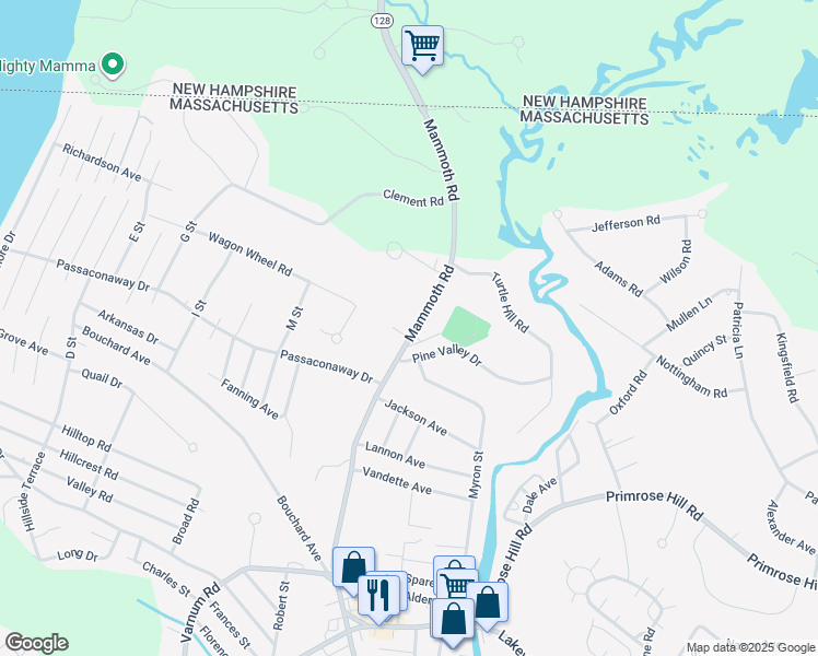 map of restaurants, bars, coffee shops, grocery stores, and more near 1458 Mammoth Road in Dracut