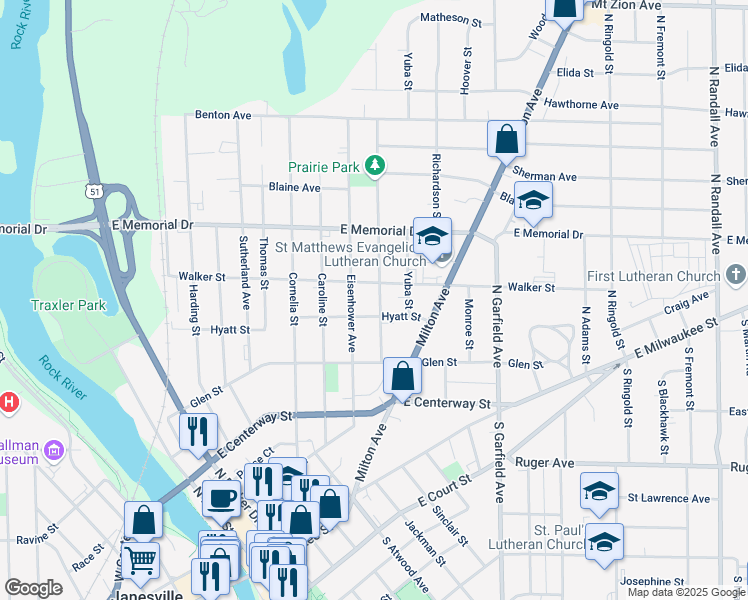 map of restaurants, bars, coffee shops, grocery stores, and more near 615 Prairie Avenue in Janesville