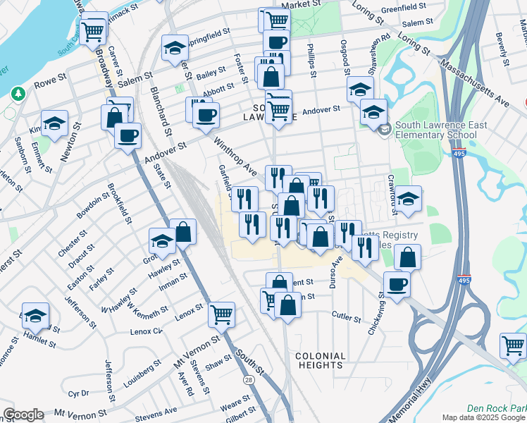map of restaurants, bars, coffee shops, grocery stores, and more near 8a Falmouth Street in Lawrence