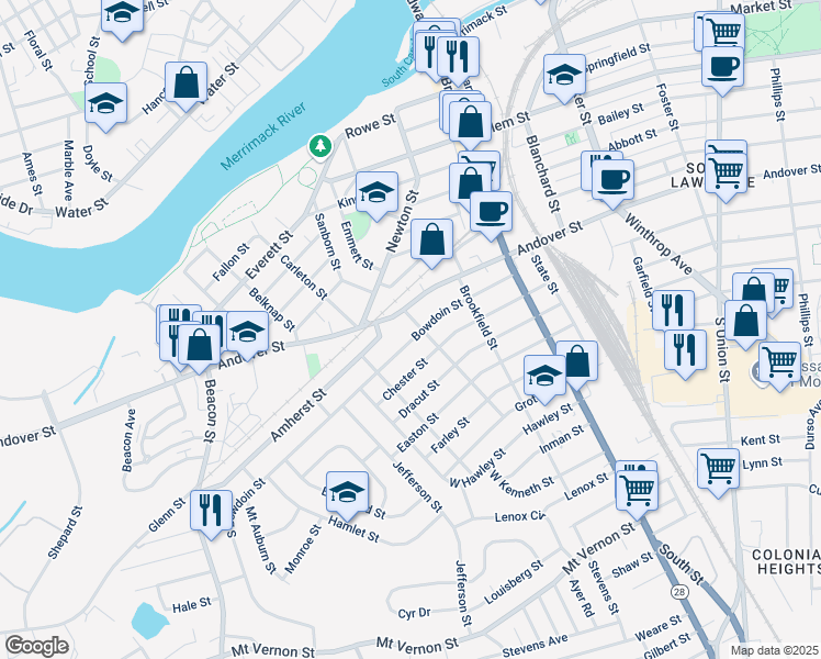 map of restaurants, bars, coffee shops, grocery stores, and more near 493 Andover Street in Lawrence