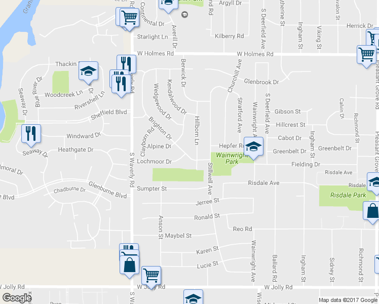 map of restaurants, bars, coffee shops, grocery stores, and more near 4127 Brighton Drive in Lansing