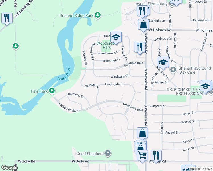 map of restaurants, bars, coffee shops, grocery stores, and more near 4123 Heathgate Drive in Lansing