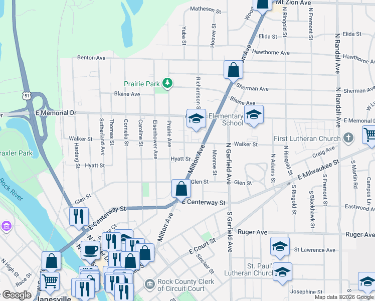 map of restaurants, bars, coffee shops, grocery stores, and more near 612 Yuba Street in Janesville