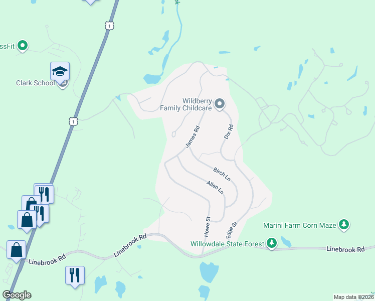 map of restaurants, bars, coffee shops, grocery stores, and more near 7 James Road in Ipswich