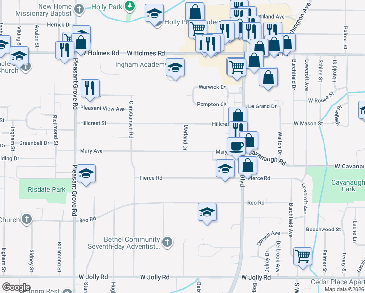 map of restaurants, bars, coffee shops, grocery stores, and more near 4108 Marland Drive in Lansing
