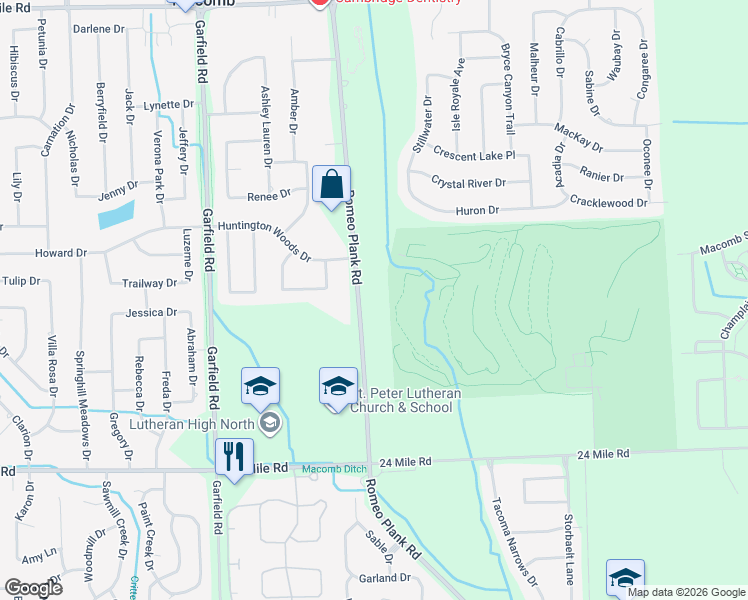 map of restaurants, bars, coffee shops, grocery stores, and more near 53700 Romeo Plank Road in Macomb