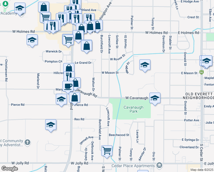map of restaurants, bars, coffee shops, grocery stores, and more near 4100 Lowcroft Ave in Lansing