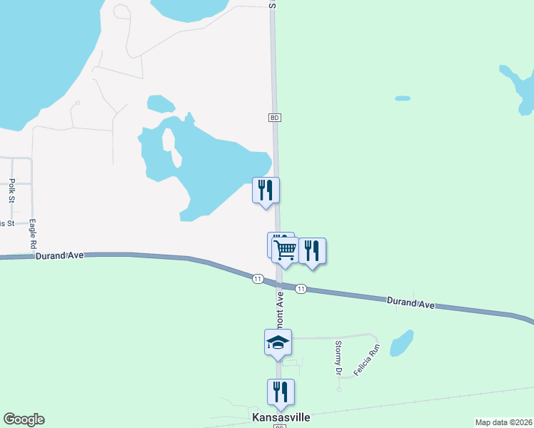 map of restaurants, bars, coffee shops, grocery stores, and more near 3518 S Beaumont Ave in Kansasville