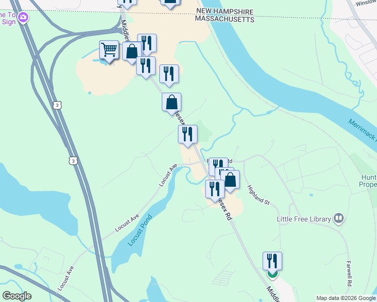 map of restaurants, bars, coffee shops, grocery stores, and more near 386 Middlesex Road in Tyngsborough