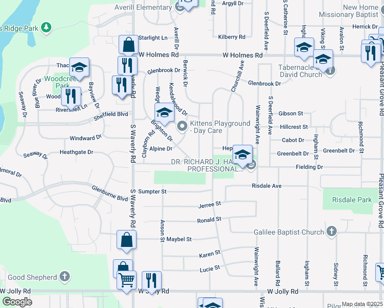 map of restaurants, bars, coffee shops, grocery stores, and more near 4127 Brighton Drive in Lansing