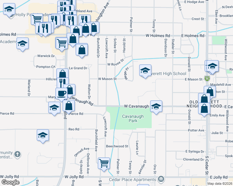 map of restaurants, bars, coffee shops, grocery stores, and more near 4113 Lowcroft Avenue in Lansing