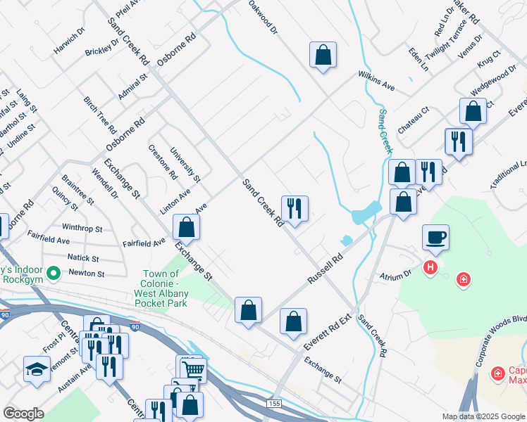 map of restaurants, bars, coffee shops, grocery stores, and more near 110 Sand Creek Road in Albany