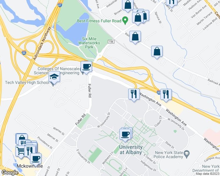 map of restaurants, bars, coffee shops, grocery stores, and more near 1436 Washington Avenue in Albany