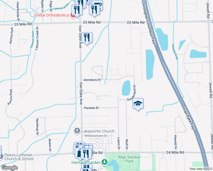 map of restaurants, bars, coffee shops, grocery stores, and more near 54117 Powderhorn Ridge in Shelby Township