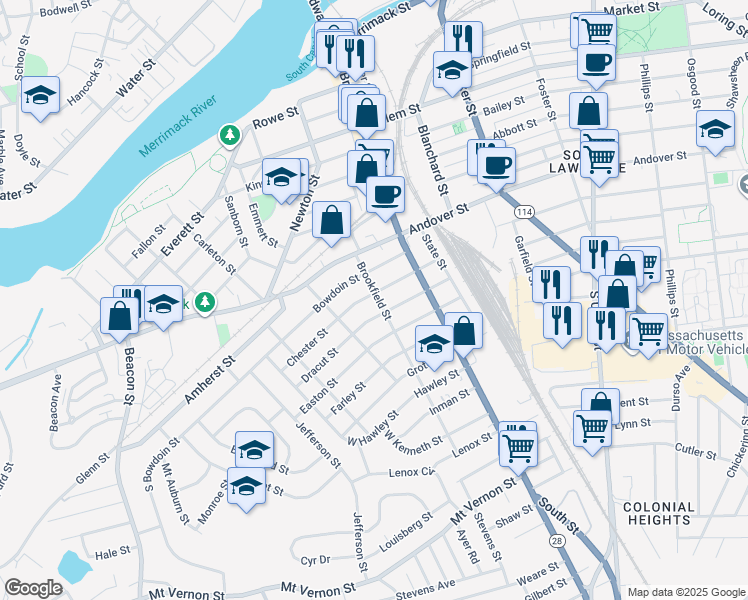 map of restaurants, bars, coffee shops, grocery stores, and more near 31 Brookfield Street in Lawrence