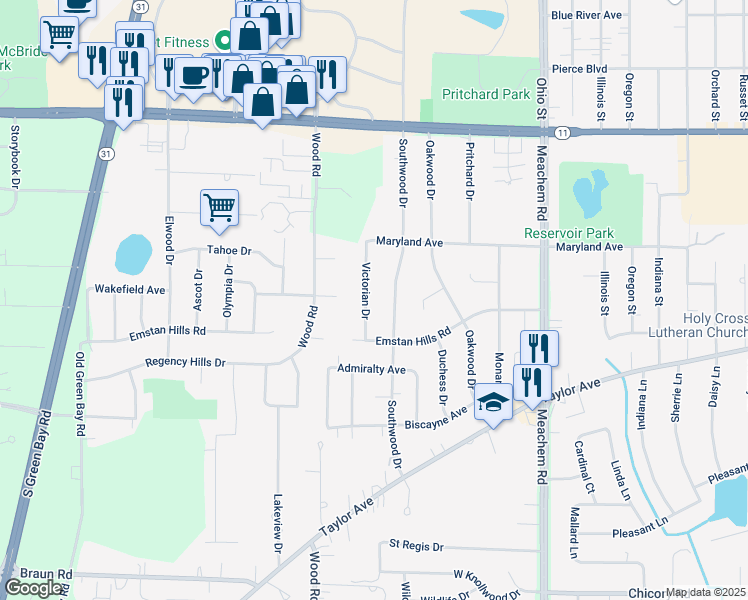 map of restaurants, bars, coffee shops, grocery stores, and more near 3405 Victorian Drive in Racine