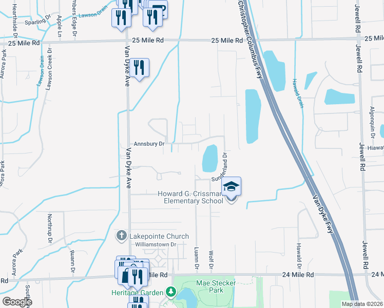 map of restaurants, bars, coffee shops, grocery stores, and more near 54123 Buccaneers Bay in Shelby Township
