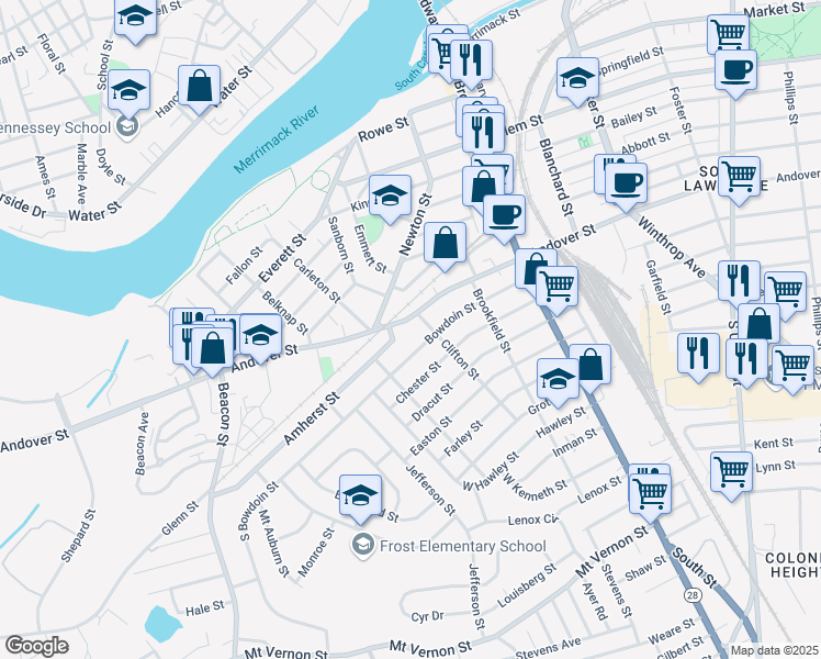 map of restaurants, bars, coffee shops, grocery stores, and more near 493 Andover Street in Lawrence