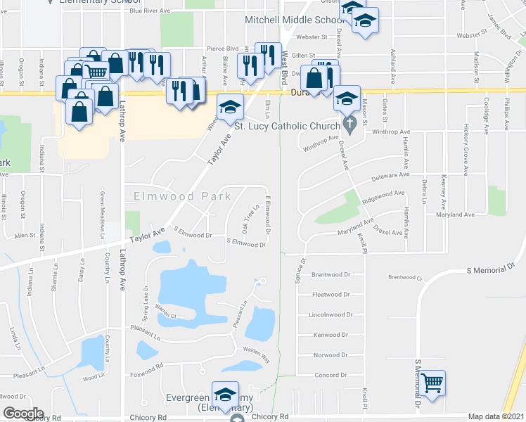 map of restaurants, bars, coffee shops, grocery stores, and more near 3413 Oak Tree Ln in Racine