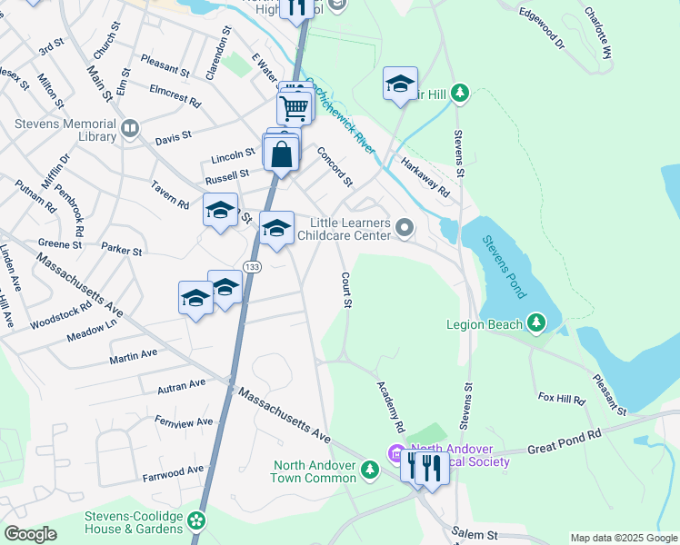 map of restaurants, bars, coffee shops, grocery stores, and more near 49 Court Street in North Andover