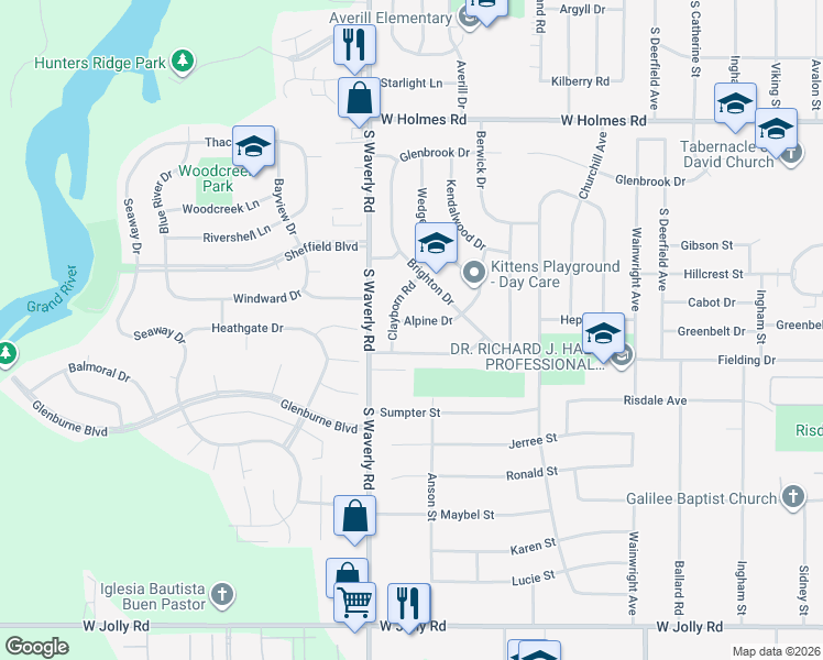 map of restaurants, bars, coffee shops, grocery stores, and more near 3715 Alpine Drive in Lansing